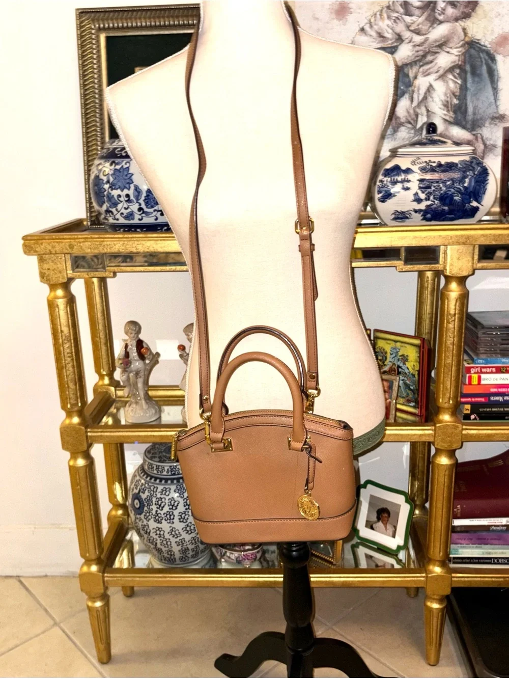 Anne Klein Tan Dome Satchel with Gold Hardware